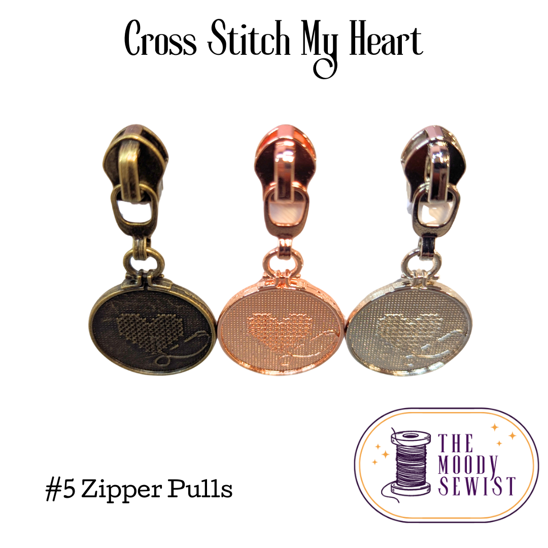 Cross Stitch My Heart #5 Zipper Pulls