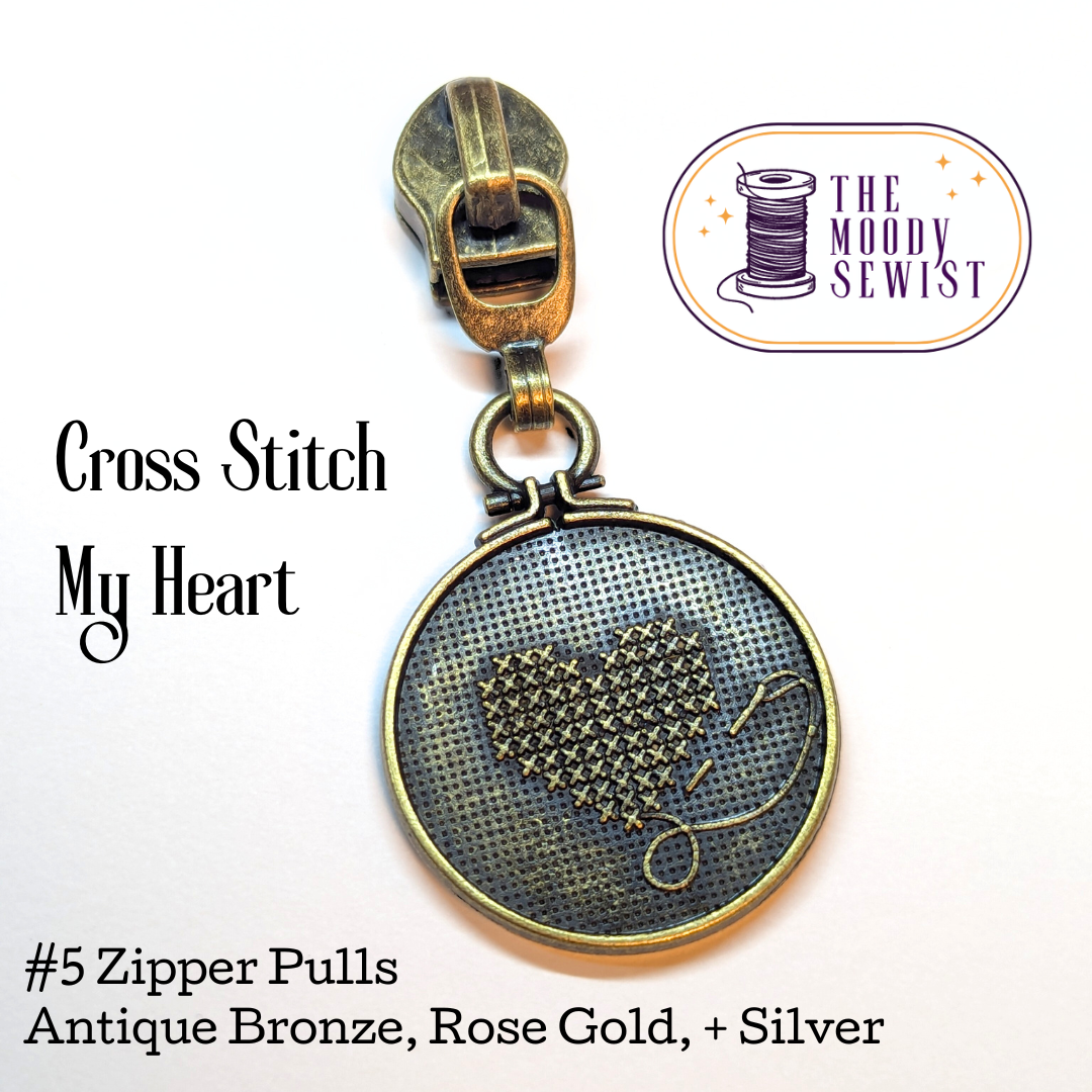 Cross Stitch My Heart #5 Zipper Pulls